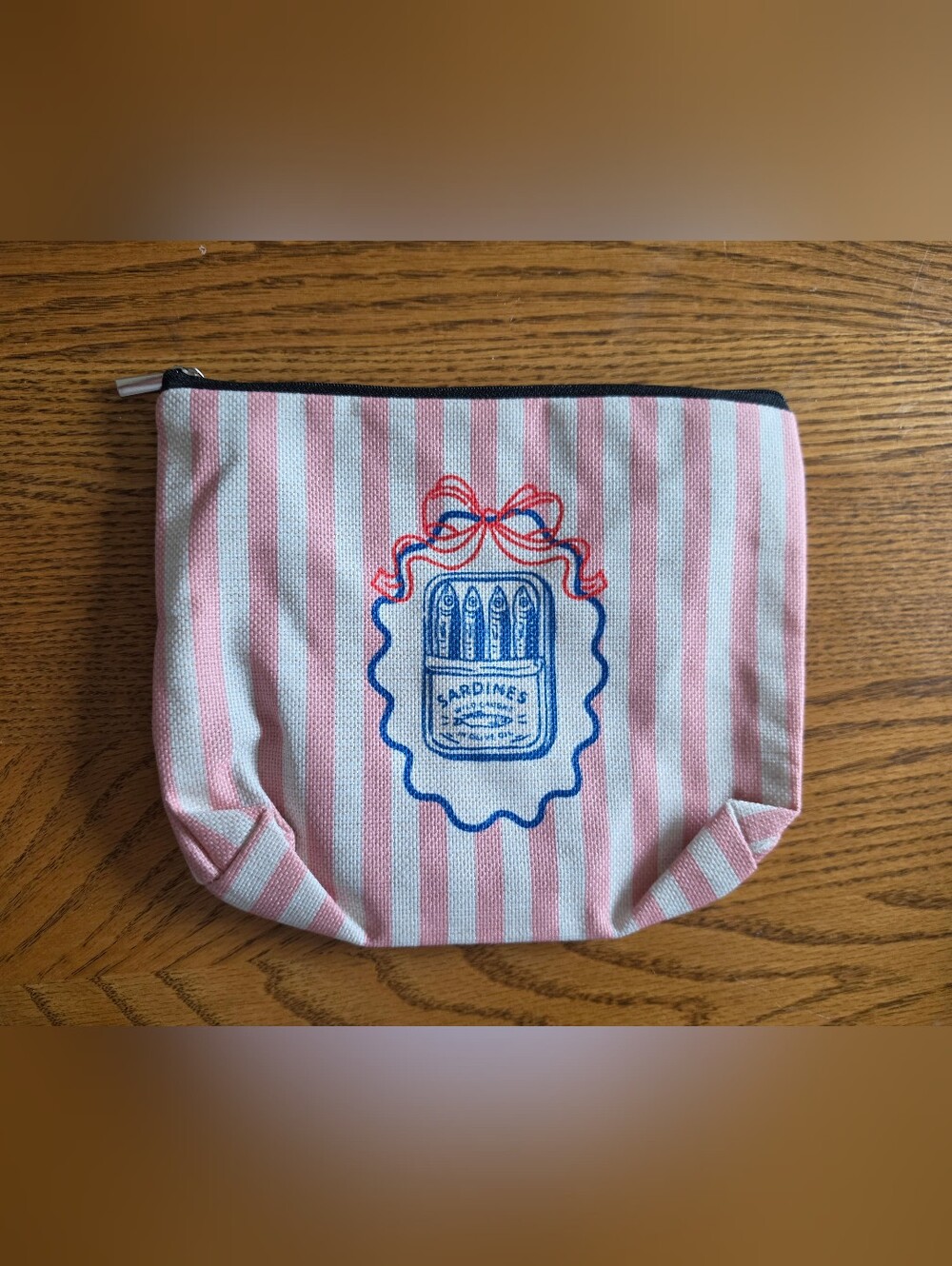 Pink and White Striped Bag with Playful Sardines Graphic